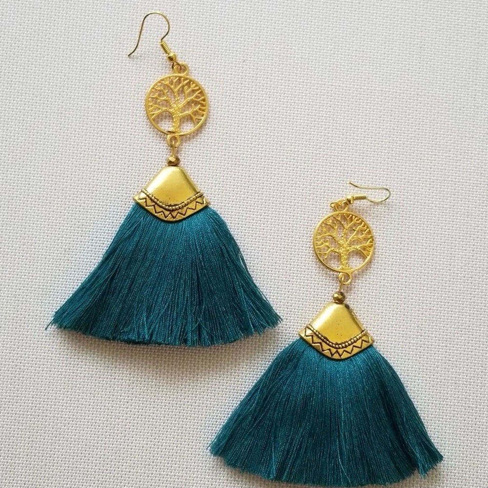 New Gold Tone Tree of Life Charm Turquoise Green Tassel Fan Earrings 4"